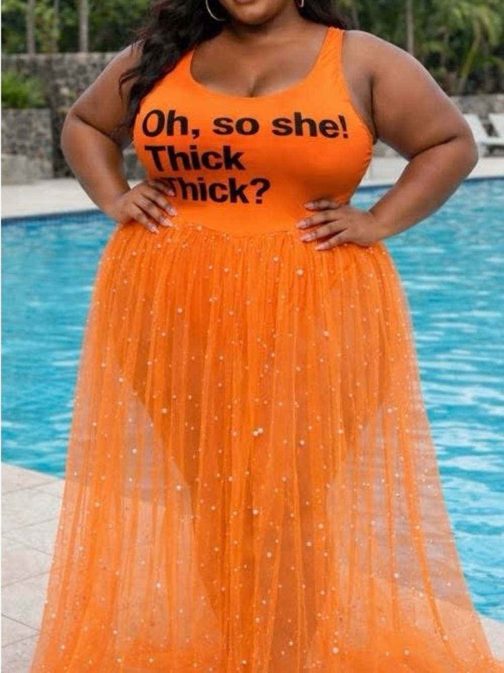Plus-Size Orange Maxi Skirt with Pearled Tulle Overlay